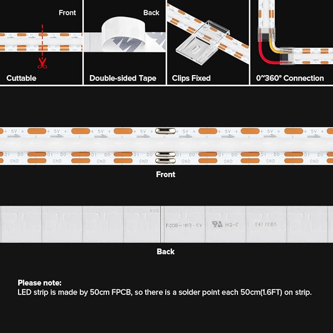 BTF-LIGHTING FCOB COB WS2811(WS2812B) IC RGB 180LED/m 720IC LED Strip DC5V 13.1FT Individual Addressable Flexible High Density Uniform Light Dream Chasing Color 10mm Width(NO Adapter or Controller)