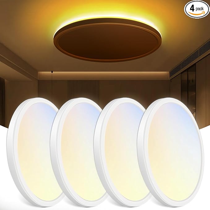 zemty 12 Inch LED Ceiling Light with Night Light 1800K, 4 Pack 3000K/4000K/6500K Dimmable Light Fixtures with Remote Control, Low Profile Lighting for Bedroom Living Room Kitchen-White