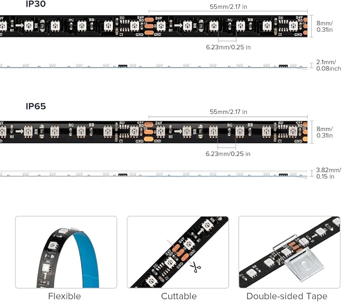 BTF-LIGHTING 2835SMD WS2811 IC RGB Chasing Color LED Strip Light 16.4FT DC24V 108LED/m 18Pixels/m 8mm Width Flexible Addressable Strip for Indoor Decor (No Adapter or Controller)