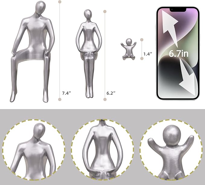 Quoowiit Bookshelf Decor Family Statue, Abstract Miniature Figurines Home Decor, Modern Aesthetic Shelf Decorations for Office Desk Table Desk Living Room Book Shelf Bedroom Entry Set of 3 - Silver