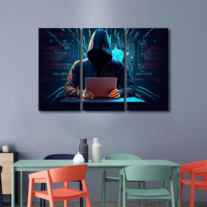 Hacker Wall Art - Hacker Malware Picture Prints on Canvas Big Data Painting Giclee Artwork for Home Decor 3 Pieces Framed Wall Art Canvas Prints Ready to Hang Posters, 42" Wx28 H