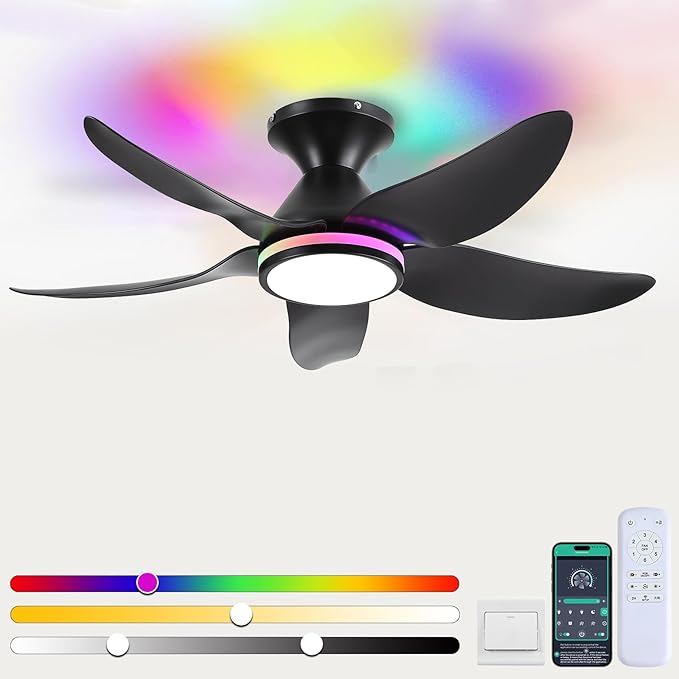 Ceiling Fans with Lights Remote/APP Control, 38" Low Profile Ceiling Fans with Dimmable White Colors+ RGB Ring Lights, 6 Speeds 5 Reversible Blades for Kids Room Bedroom Living Room, Black
