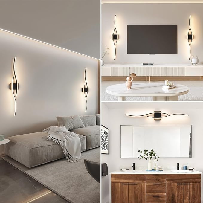 Hardwired Modern Wall Sconce set of Two with Remote Control, Dimmable LED Wall Sconces Lighting set of 2, Big Size Black Wall Light, LED Wall Lamp for Bedroom Living Room Bathroom 40.5" Length