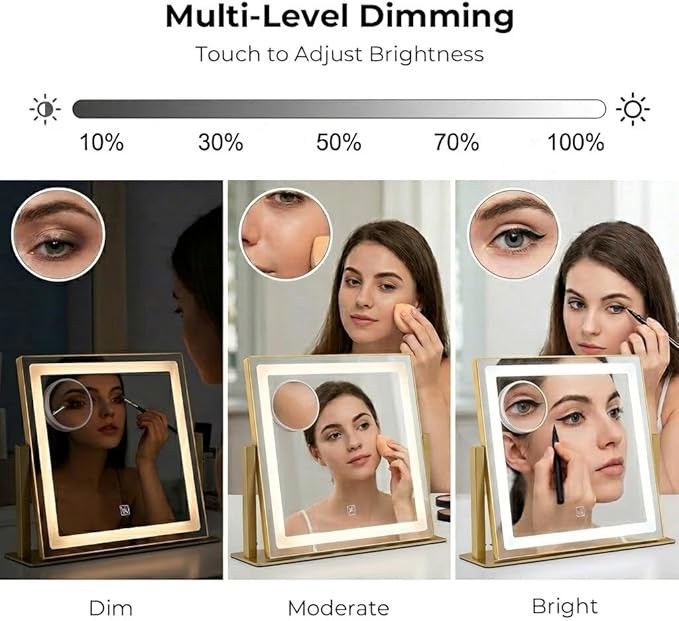 Vanity Mirror with Lights, 12" x 16" Lighted Makeup Mirror with Smart Touch Control, LED Makeup Mirror with 3 Color Lighting Modes, 360° Rotation, 10X Magnification for Tabletop - Gold