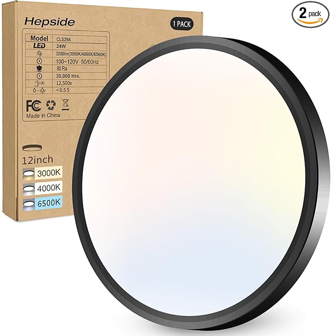 1PACK LED Flush Mount Ceiling Light - 3CCT Selectable 3000K-4000K-6500K & 100W Equivalent Modern Kitchen Recessed Ceiling Lamp 24W 3200Lm 12 Inch for Bathroom Closet Laundry Bedroom Hallway