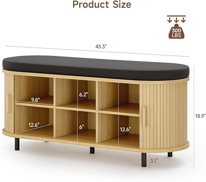 ONBRILL 43" Shoe Bench with Storage, Fluted Shoe Storage Bench with Cushion, Sliding Door and Adjustable Shelf, for Entryway, Hallway, Living Room, Oak