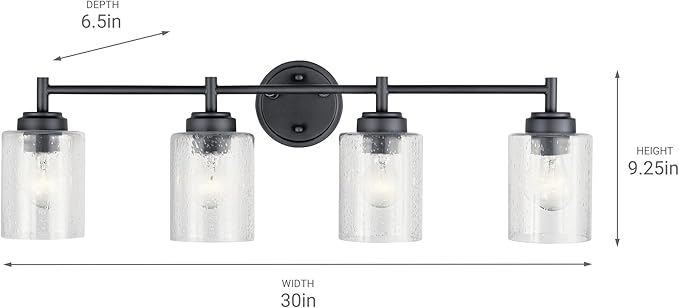 Kichler Winslow 30" 4-Light Vanity Light in a Rich Black with Clear Seeded Glass for Bathroom and Powder Room Vanity, Luxe Industrial Style, (30" x 9.25"), 45887BK