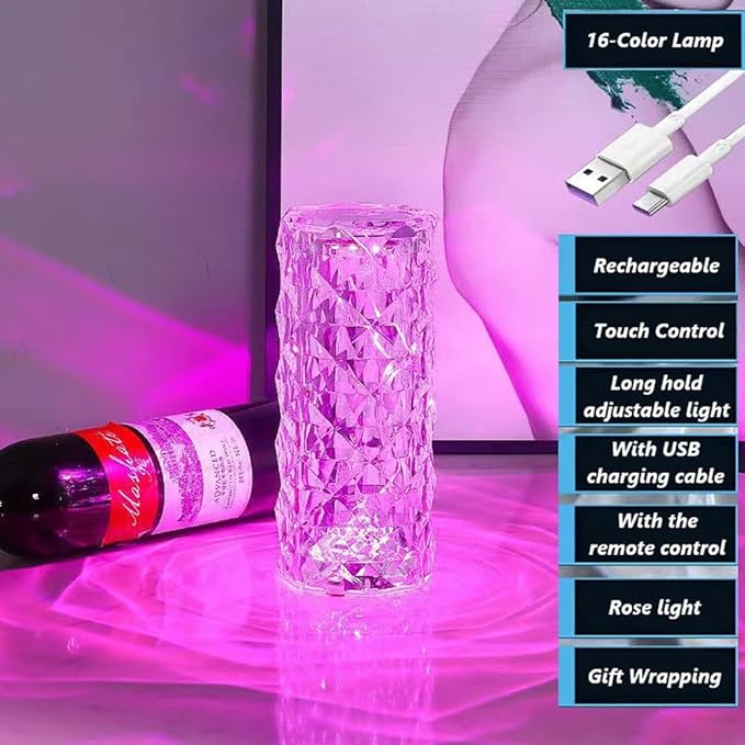 Portable Crystal Table Lamp,16 Color Touch Control Rechargeable Lamp,Crystal Bedside Lamp,Night Light,Room Decor Desk Lamp,Bedroom,Living Room,Kitchen,Dining Room Lamp (16-Color Rose)
