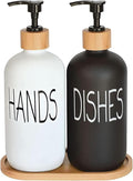 Glass Soap Dispenser Set, Hand Soap and Dish Soap Dispenser with Bamboo Tray. Vintage Soap Dispenser with Pump for Kitchen Drain Outlet and Bathroom. Stylish Permanent Labels (Matte Black&White)