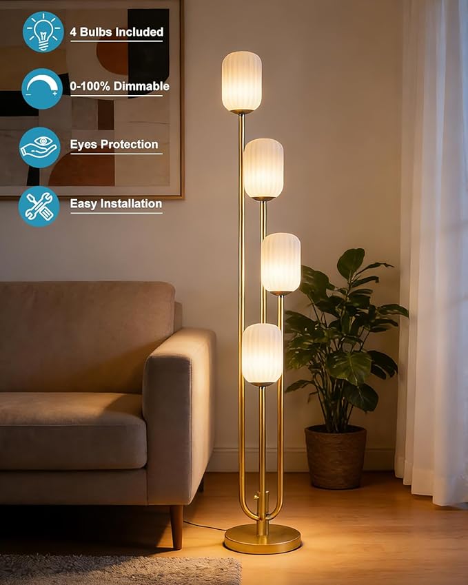 Lightdot Gold Floor Lamp 4-Lights Dimmable Floor Lamps with Cylinder-Shaped Lampshade 3000K Bulbs Included Unique Modern Standing Tall Lamp for Living Room/Bedroom/Sofa Beside/Corner Decor