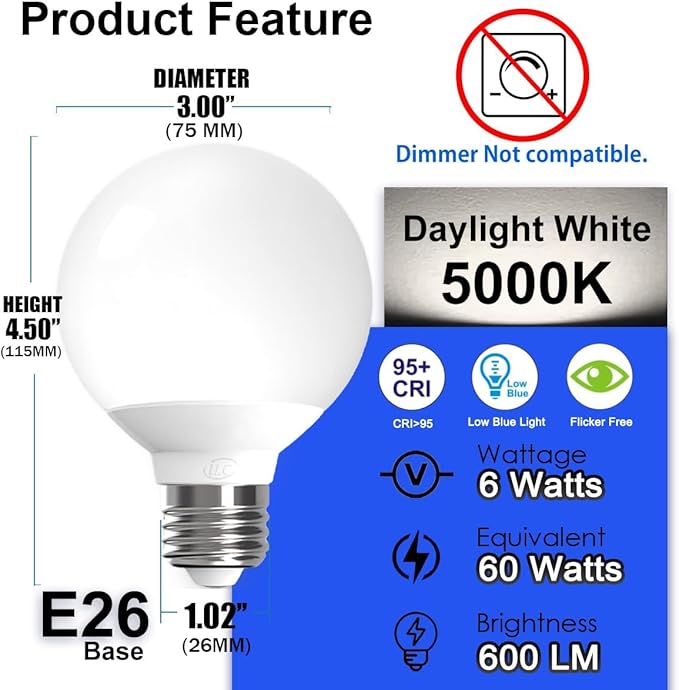 ILC App-Controlled LED G25 Globe Light Bulbs, Bluetooth Mesh, 1600 Million Colors, 60W Equivalent, 6W, 600LM, CRI>95+ Daylight White 5000K, E26 Base Vanity Light Bulbs, Dimming via app only, 6 Pack