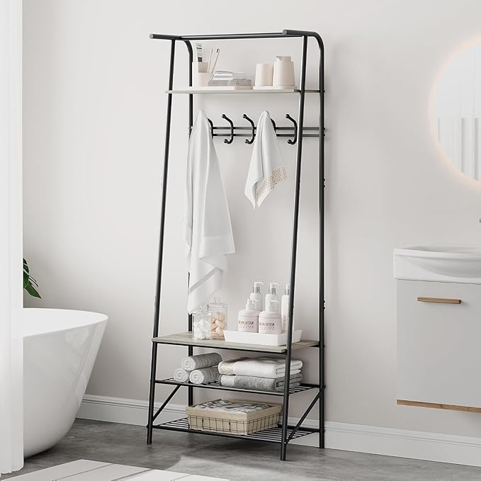 Hall Tree, Entryway Hall Tree with Shoe Rack, Coat Rack with Shoe Rack and Hooks, 25” Freestanding Metal Entryway Organizer with 4-Tier Storage Shelves for Hallway, Bathroom, Small Spaces