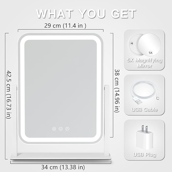 HIEEY Vanity Mirror with Lights, 17.4'' x 13'' Makeup Mirror with Lights, Three Color Lighting Modes, and 5X Magnification Mirror, Smart Touch Control, 360°Rotation (White,Gift Box)