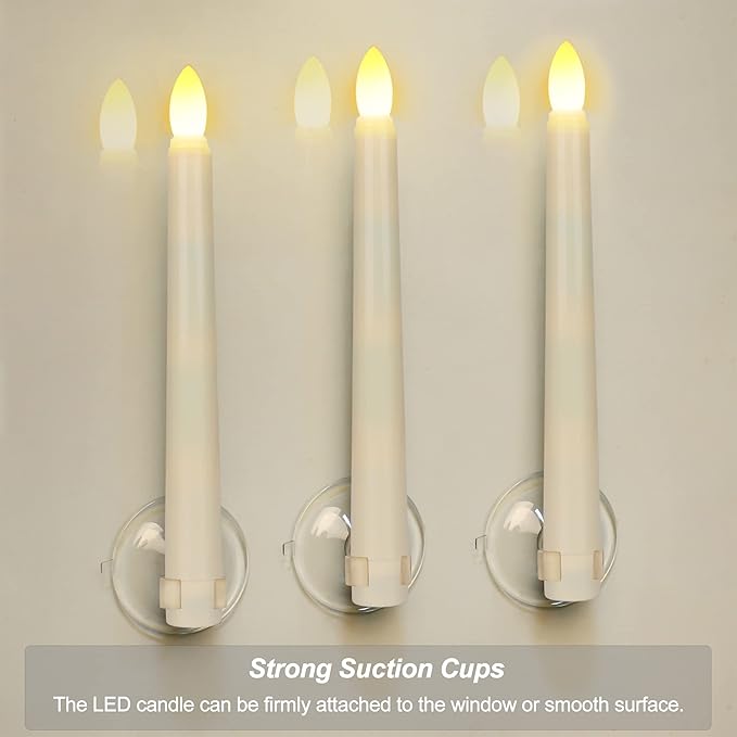 7.9 Inch Flameless Taper Candles Flickering with Timer Remote, Battery Operated LED Window Candles with Removable Base and Suction Cups for Home Christmas Decor, 4PCS Ivory