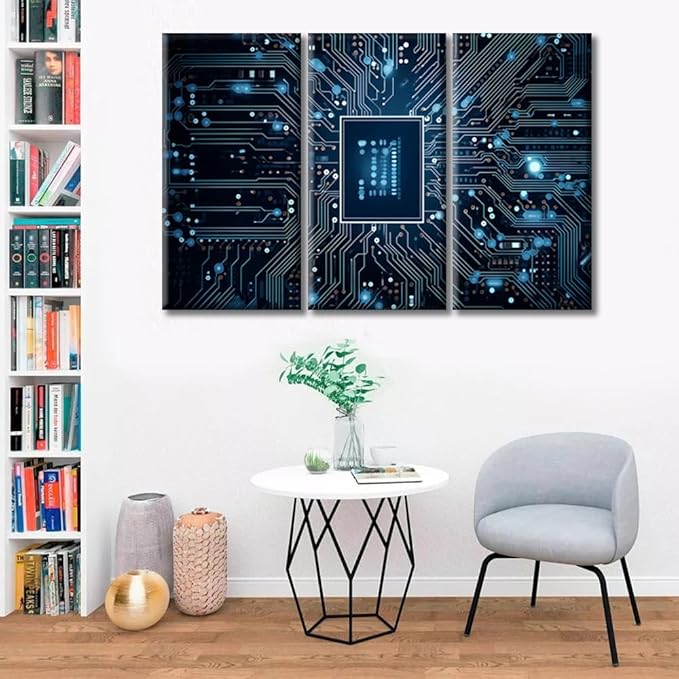 3 Pieces Computer Processors CPU Wall Art Canvas Circuit Network Pictures Wall Painting for Bedroom Wall Art for Living Room Modern Home Decor Office Posters Framed Wall Art (42" Wx28 H)
