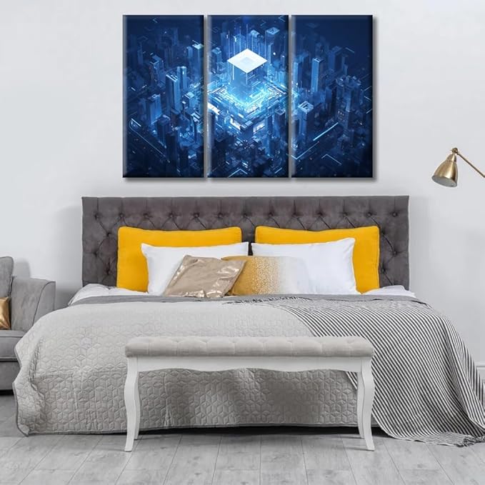 Framed Wall Art AI Advanced Circuitry Painting Canvas Wall Art Smart City Posters Wall Decor for Bedroom CPU Concept Home Decor Giclee Print Gallery Packaging Artwork (42" Wx28 H)