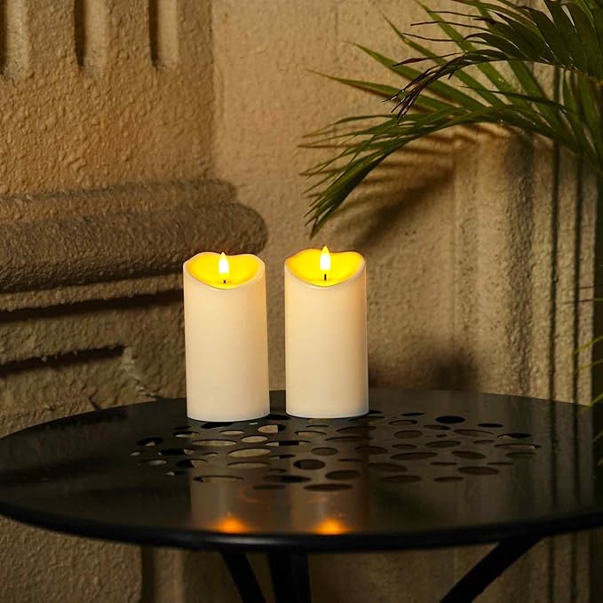 Homemory 6"x3" Outdoor Waterproof Flameless Candles, LED Candles, Battery Operated Candles with Remote and Timers, Electric Fake Plastic Pillar Candles, Ivory White, Set of 2