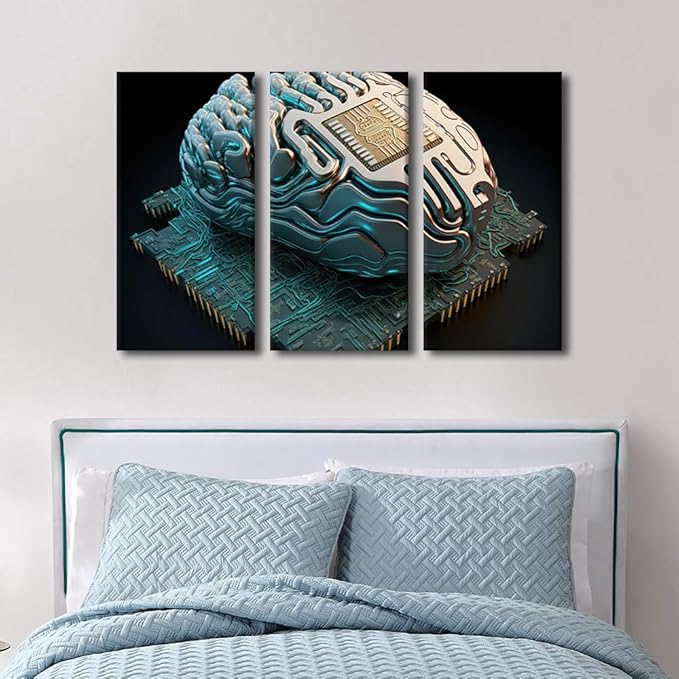 3 Panel Wall Art for Living Room, AI Pictures Print On Canvas Artwork, Computational Performance Framed Wall Art Computer Chip Canvas Posters Art Ready to Hang, 42" Wx28 H