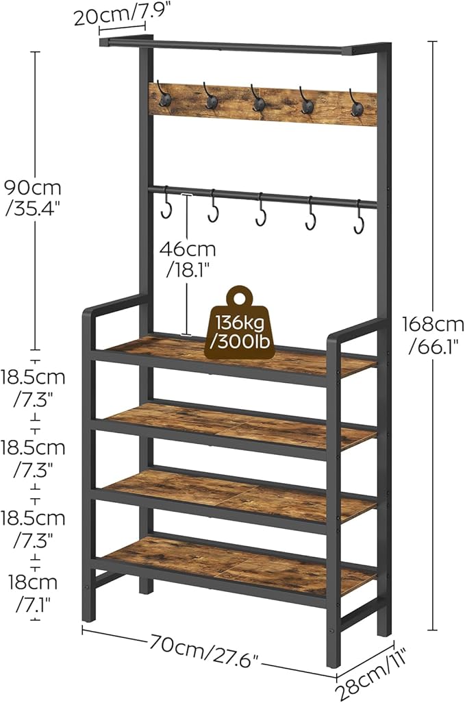 Hall Tree, Coat and Shoe Rack, Entryway Coat Rack with 4-Tier Wooden Shoe Rack and 10 Hooks, Freestanding Hall Tree with Shoe Storage for Entryway, Hallway, Rustic Brown and Black MT09BR