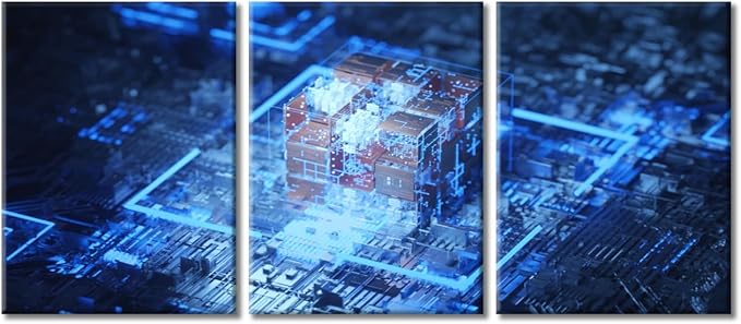 TUMOVO 3 Piece Integrated Communication Processor Wall Art for Living Room CPU Concept Canvas Wall Art Poster Motherboard Digital Chip Wall Decor for Bedroom Framed Ready to Hang(36" Wx16 H)