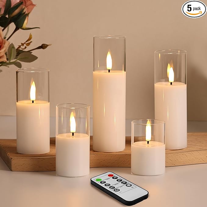 Eywamage Clear Glass Flameless Candles with Remote Batteries, Slim Tall LED Pillar Candles Battery Powered, Set of 5