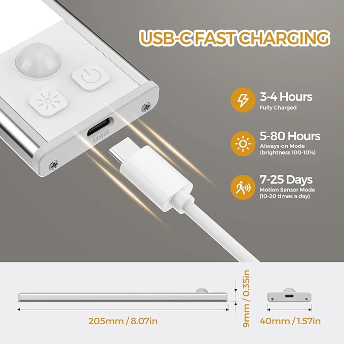 3 Pack Under Cabinet Lights, 32 LED Cold White Rechargeable Under Cabinet Lighting Motion Sensor LED Lights for Kitchen, Counter, Closet, Stairs (Silver - Cold White Light, 8.07 Inch - 3 Pack)