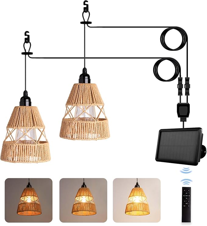 Solar Chandelier Outdoor, Solar Pendant Light with Remote Control, Waterproof IP65 Dimmable Hanging Lights for Patio, Porch, Garden, Gazebo, Balcony