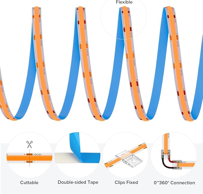 COB Orange LED Strip Light DC24V Flexible High Density Uniform Bright 480LEDs/m Strips 16.4FT CRI90+ 8MM Width Dimmable COB LED Tape for Cabinet Indoor Decor(No Adapter/Controller)