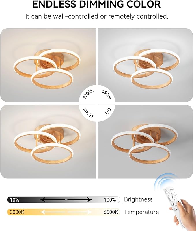 Dimmable LED Semi Flush Mount Ceiling Light Fixture with Remote Control 3-Color Dimming Circle Modern Light, Close to Ceiling Bedroom Kitchen Hallways Balcony Corridor Lamp (15in- 3 ring LightWood)