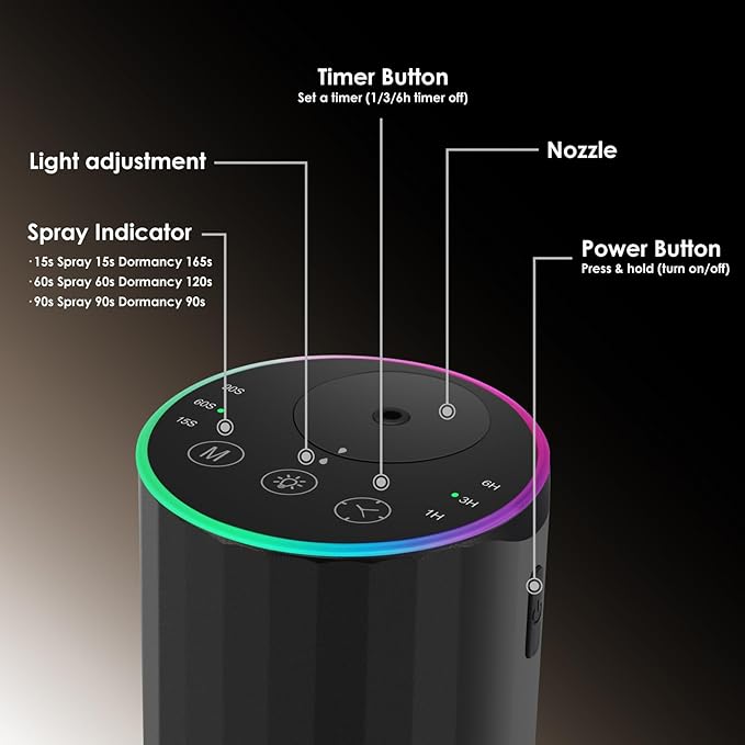 Waterless Essential Oil Diffuser, 7 Colors LED Light, Battery Powered Mini Scent Air Machine, Aromatherapy Mist Diffuser for Home Room Car Office，Black Aluminum Alloy (Black)