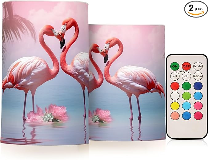 YETTASBIN Flamingo Flameless Candles with Remote Control and Timer, Adjustable Brightness Long Lasting Battery Operated LED Pillar Candles for Indoor Outdoor Party Home Decor, 2 Pack