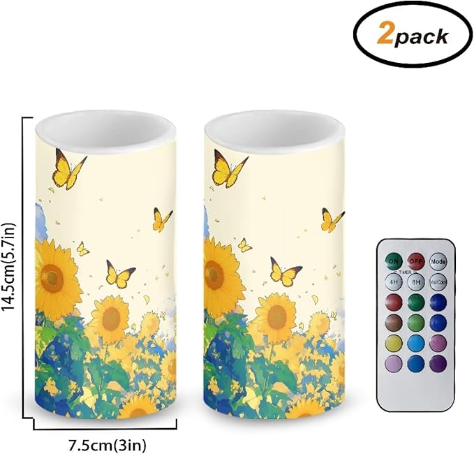 Sunflower Flameless Candles 2 Pack 6 x 3 inch Battery Operated Candles with Multicolor Timer Remote Control LED Fake Candles for Warm Light Dinner Table Home Decor