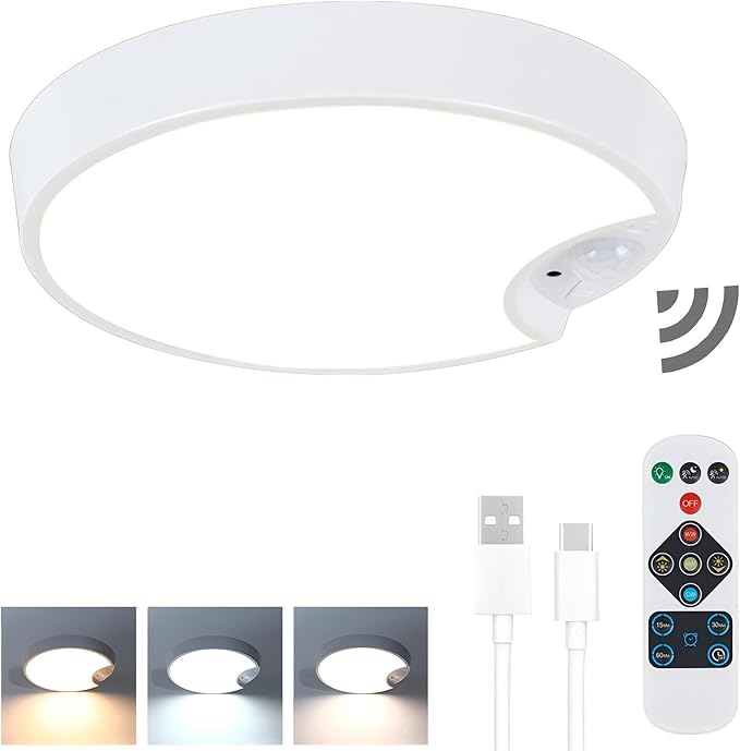 Rechargeable Motion Sensor Ceiling Light: Indoor LED Wireless Ceiling Light with Remote - Cordless Motion Activated Ceiling Lamp with Timer for Closet Hallway Bedroom (Rechargeable)