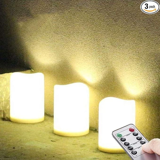 Set of 3 Outdoor IP44 Warm White LED Rainproof Waterproof Flameless Battery LED Pillar Candles with Remote and Timer, Plastic, Won't Melt, Weather Resistant Design 3 x 4", Timer 24hours