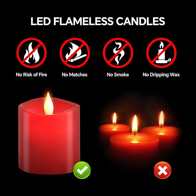 3x3 Flickering Flameless Candles Set of 1, Real Wax Pillar LED Candles Flickering, 3 inch Flameless Candles with Remote,Battery Powered Candles, for Party/Wedding,Red