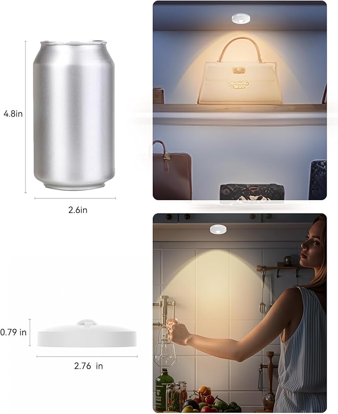Rechargeable RGB Puck Lights with Remote Control, 1500mAh Battery Operated Push Lights, Dimmable & Timer Under Cabinet Lighting for Closet, Bedroom, Kitchen White 6Pcs