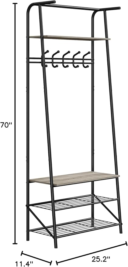 Hall Tree with Shoe Storage Bench & 5 Hooks – Entryway Coat Rack Organizer, Metal Frame, Wood Look – Multi-Functional for Entryway, Living Room, Bedroom – Single Row Hook, 60cm Wide, Gray