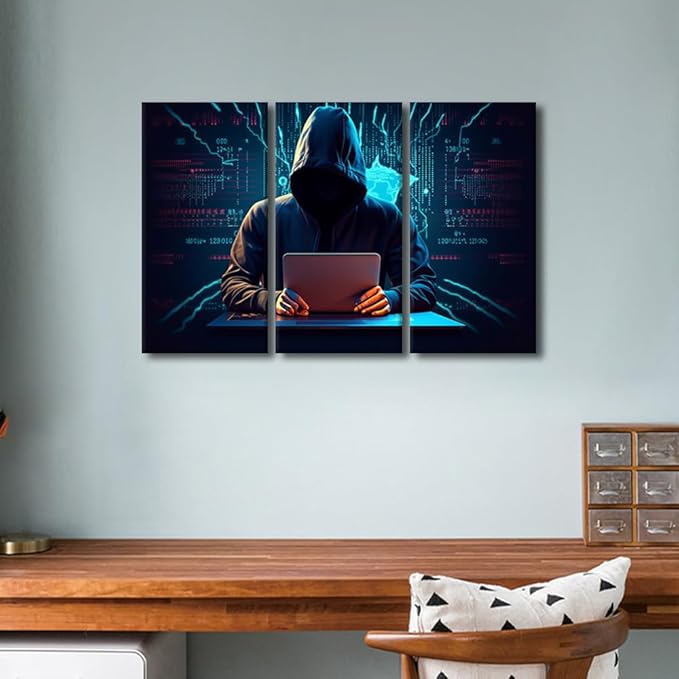 3 Pieces Big Data Canvas Wall Art - Hacker Malware Painting Canvas Print Modern Artwork for Home Walls Hacker Wall Art Home Office Modern Wall Decor Stretched and Framed Ready to Hang, 36"Wx24"H