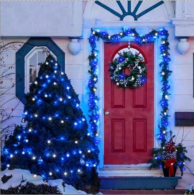 LAMPHOME 66FT 200 LED Blue White String Lights, 16 Modes Plug In Mini Fairy Lights, Waterproof Outdoor Christmas Lights for Hanukkah Xmas Tree Garland Bedroom Ocean Party July 4th Patriotic Decoration