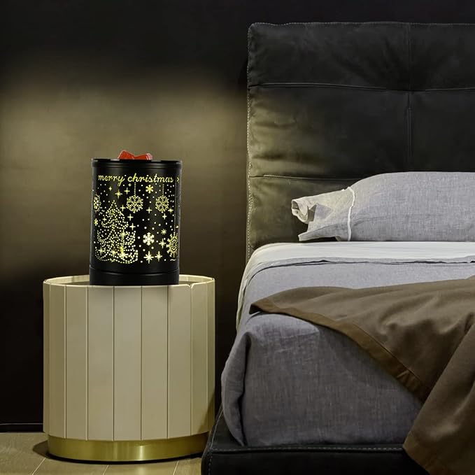 Fragrance Wax Melts Warmer with 7 Colors LED Changing Light Classic Black Forest Design Scent Oil Candle Warmer for Home Black Christmas