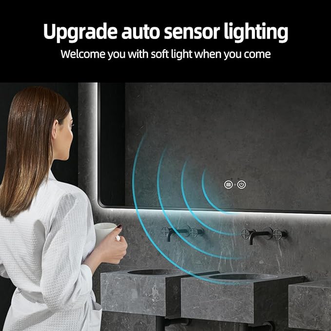 Black LED Mirror for Bathroom, 32"x24" Smart Bathroom Mirror with Lights, Motion Sensor, Anti-Fog, Stepless Dimmable & 3-Color, Backlit Wall Mirror, Rounded Corner, CRI≥93, UL-Listed