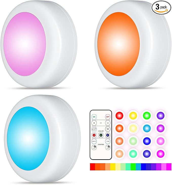 LED Puck Lights with Remote Control,Wireless Under Cabinet Lighting Battery Operated, Dimmable Timing Function Push Lights for Kitchen Cabinets, Christmas, Bedrooms (2.36*2.36*1.04 in)