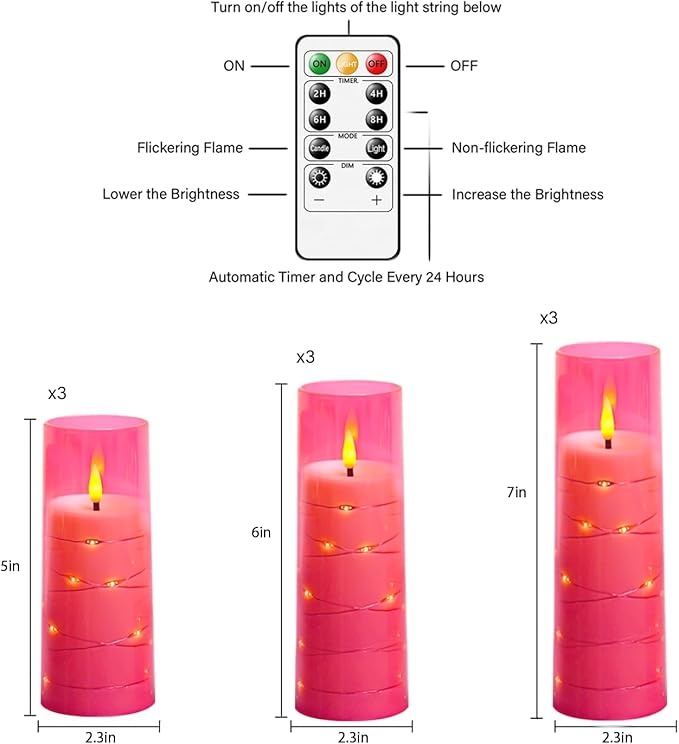 Flameless LED Candles with Timer 9 Pc Flickering Flameless Candles for Romantic Ambiance and Home Decoration Stable Acrylic Shell,with Embedded Star String，Battery Operated Candles(Pink)