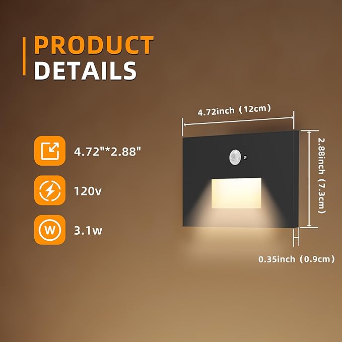 8 Pack Motion Sensor Stair Lights Indoor Outdoor,Dimmable Motion Activated Step Lamp 3000K/4000K/6000K,Hardwired 120V 4W IP65 Waterproof Outside Stairway Light,Led Staircase Lights- Black