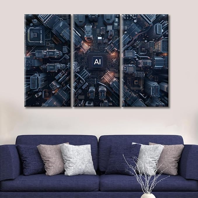Canvas Wall Art Motherboard Digital Chip Decor AI Advanced Circuitry Picture Canvas Digital Intelligence Hub Wall Art for Living Room Stretched and Framed Picture Artwork for Home Decor (36" Wx24 H)