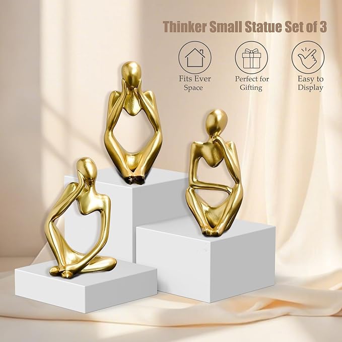 Mingzhang 3pcs Thinker Statue Abstract Art Thinker Figurines Gold Home Decor for Living Room, Office, Coffee Table, Bookshelf Decoration, Housewarming Gifts