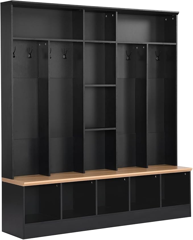Wide Hall Tree With Shoe Storage Bench, Minimalist Entryway Coat Rack, Cube Storage and Shelves, Multifunctional Mudroom With 8 Hooks for Hallway (Black)