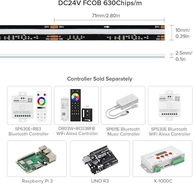 BTF-LIGHTING FCOB WS2811 IC RGB COB LED Strip 16.4FT DC24V 630LED/m Flexible High Density Uniform Chasing Color Light 14IC/m 10mm Width Black PCB for Home Indoor Decor(No Adapter or Controller)