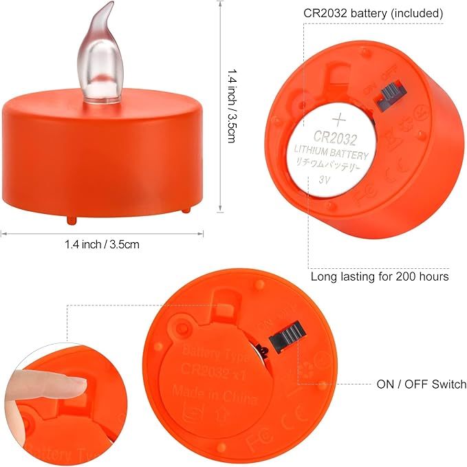 Battery Operated Tea Lights Candles - 12 Pack LED Tea Candles Lamp Realistic and Bright Flickering Holiday Gift Operated Flameless LED Votive Light for Seasonal & Festival Celebration (Orange)