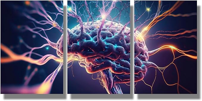 LSIUHWUWI Wall Art Painting Artificial Intelligence, Human Brain Neurons Firing and Neural Extensions Pictures Print on Canvas 3 Panel Canvas Wall Art Artwork Ready to Hang 16x24inchx3